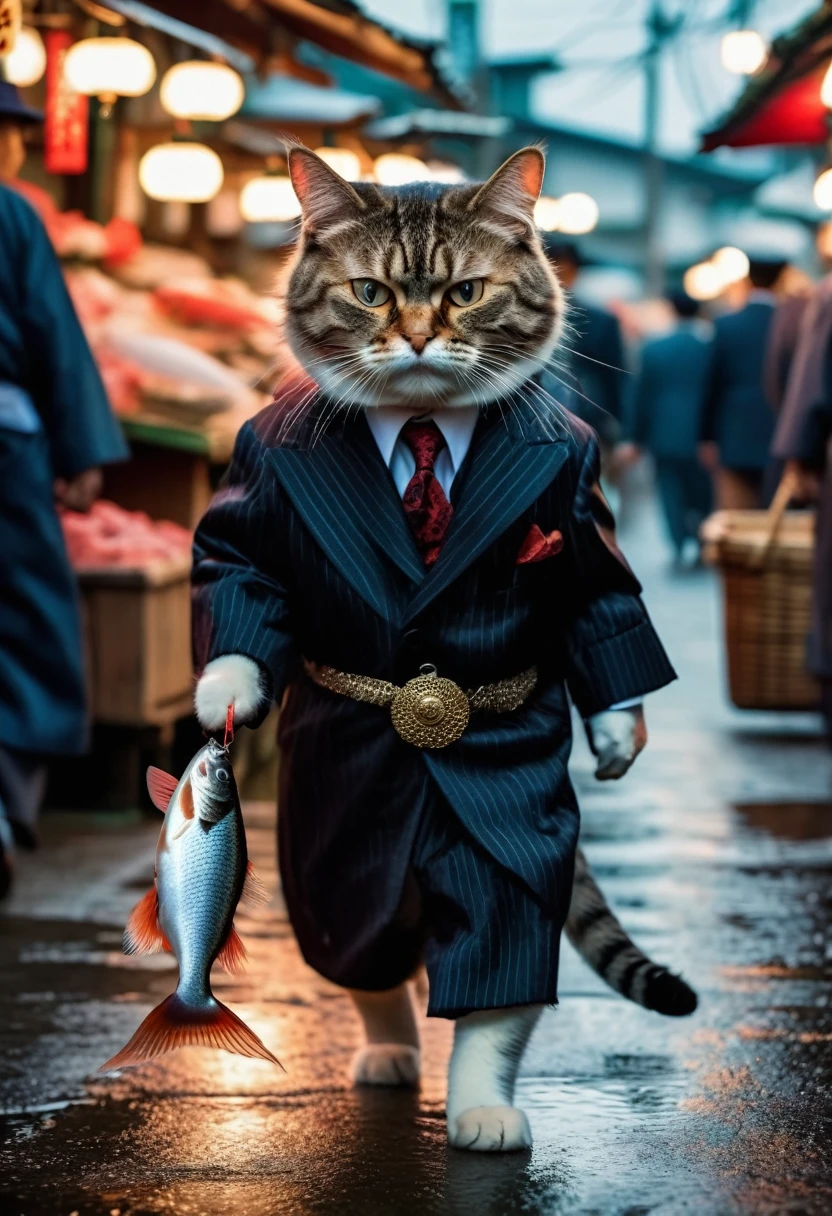 A hyperdetailed photograph of a Cat dressed as a mafia boss holding a fish walking down a Japanese fish market with an angry face, 8k resolution, best quality, beautiful photograph, dynamic lighting,