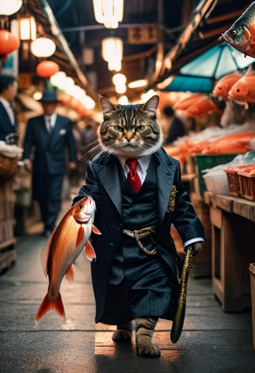 A hyperdetailed photograph of a Cat dressed as a mafia boss holding a fish walking down a Japanese fish market with an angry face, 8k resolution, best quality, beautiful photograph, dynamic lighting,