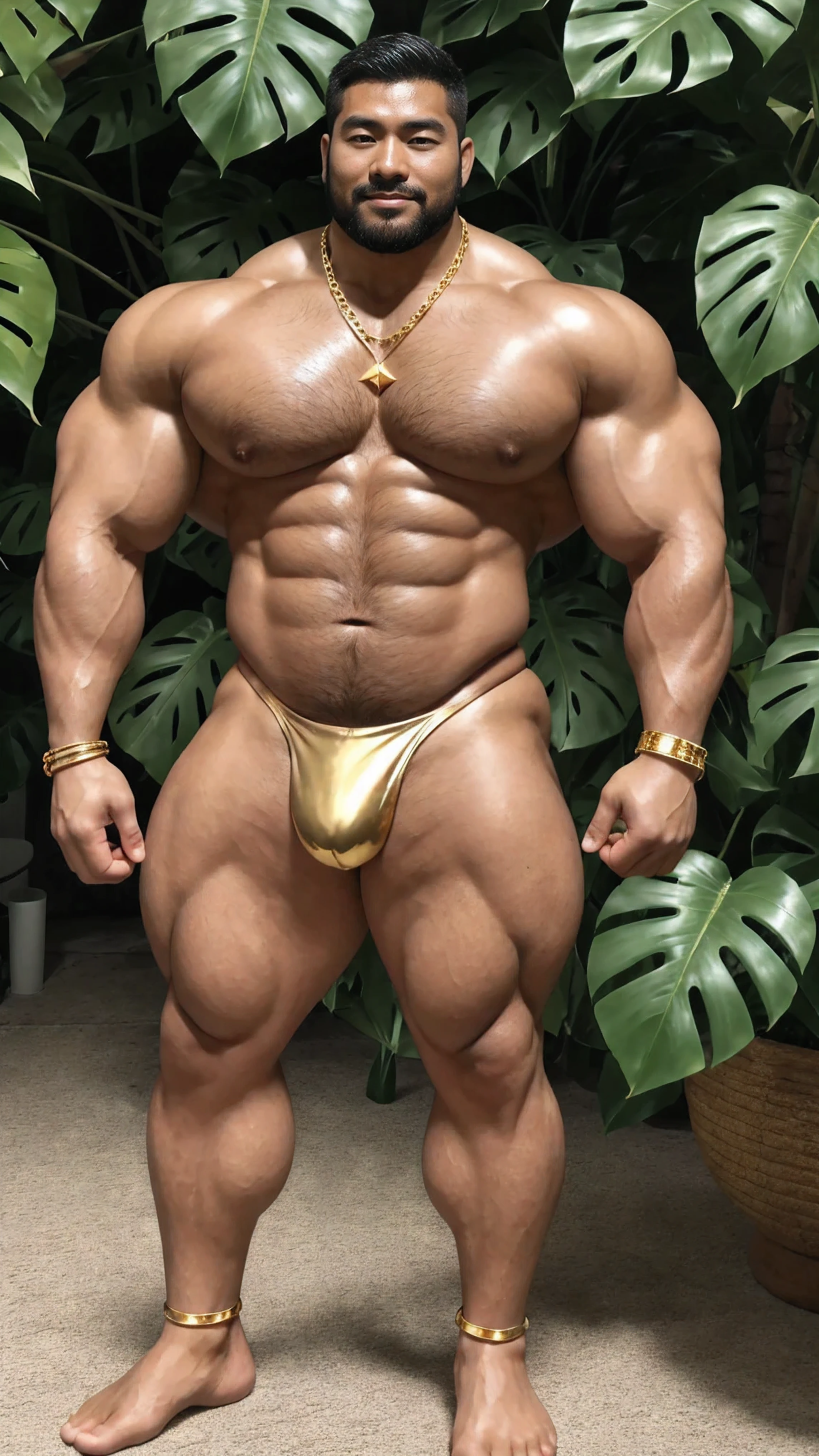 There is only one handsome Chinese man in the photo,35 years old,tall, Fitness,Smooth body,Smooth skin,No chest hair,short hair, O-Shaped Beard,Perfect body, Dark skin color,Radiant Skin,Smooth skin,Shiny, shiny skin,Smooth pectoral muscles,Muscle bulge, muscular, Very large pectoral muscles,Very sexy abdominal muscles,Very well-developed leg muscles,Huge concave and convex area,Brightens oily skin,Wearing a shiny gold leather thong,Handsome face,Normal human toes,Correct and accurate male body proportions,Gold necklace,Gold bracelet,Gold anklets,Standing in front of Monstera leaves。