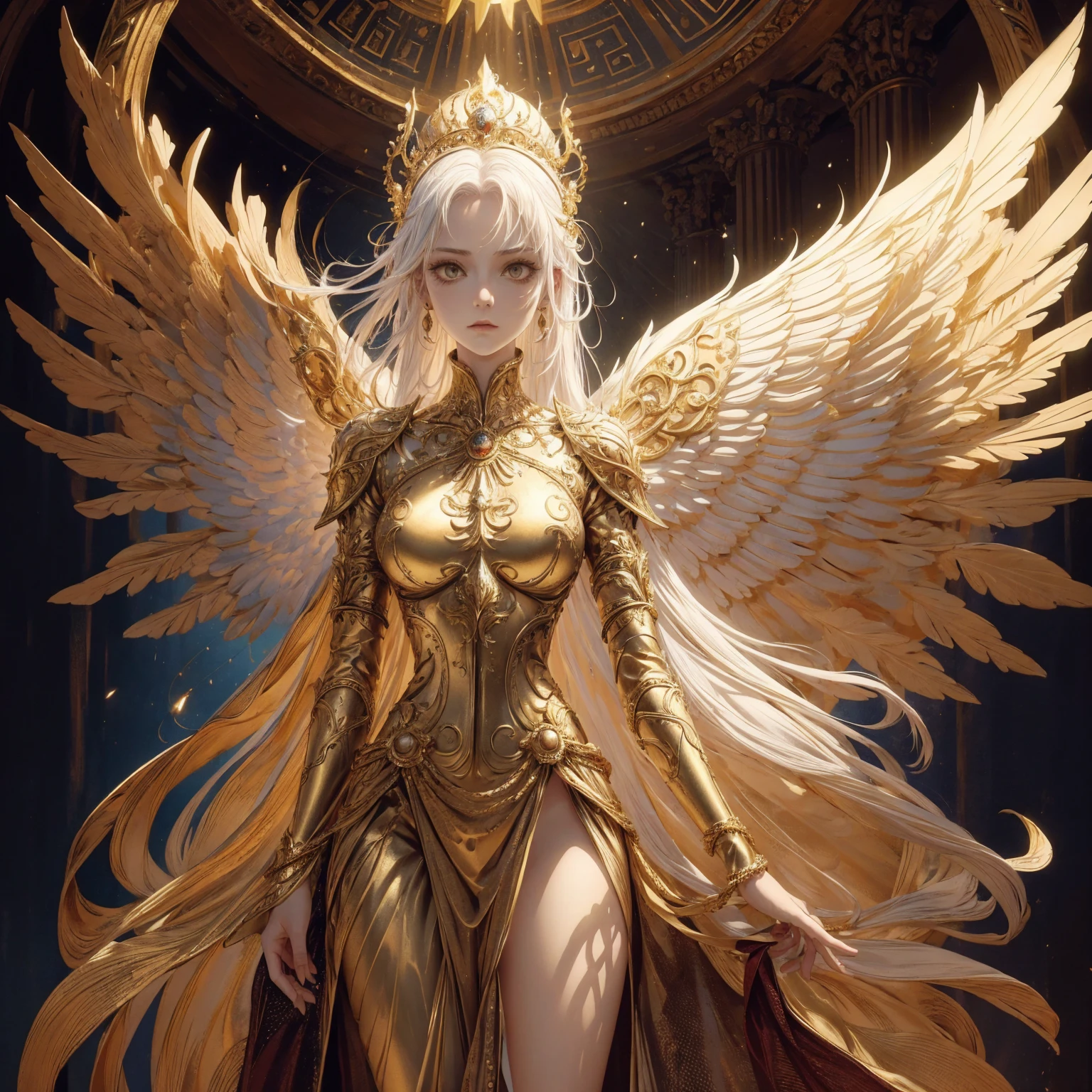 Art of Woman Wearing Sun Crown, Wearing a gorgeous golden breastplate that exposes a small amount of skin above the chest, Wearing a gorgeous golden dress, A pair of giant angel wings taller than the body spread out behind the woman., ancient goddess art, Sacredness. Very detailed, Mysterious inspiration, Inspiration from the Sun God, Religious inspiration, Cold and snobbish face, Dangerous expressions, White hair, Standing, Full body portrait, Gothic art style, Weird art style, Occult art
