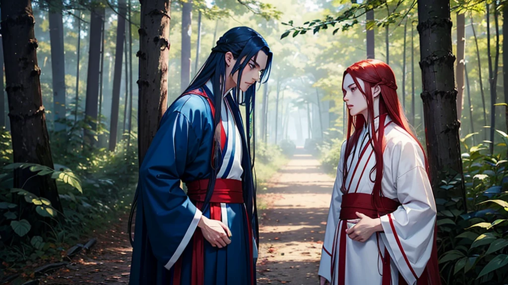 2 young men, without a beard, long blue hair, long red hair, blue eyes, Red eyes, White skin, Blue clothes, red clothes, China, Hanfu, In the woods