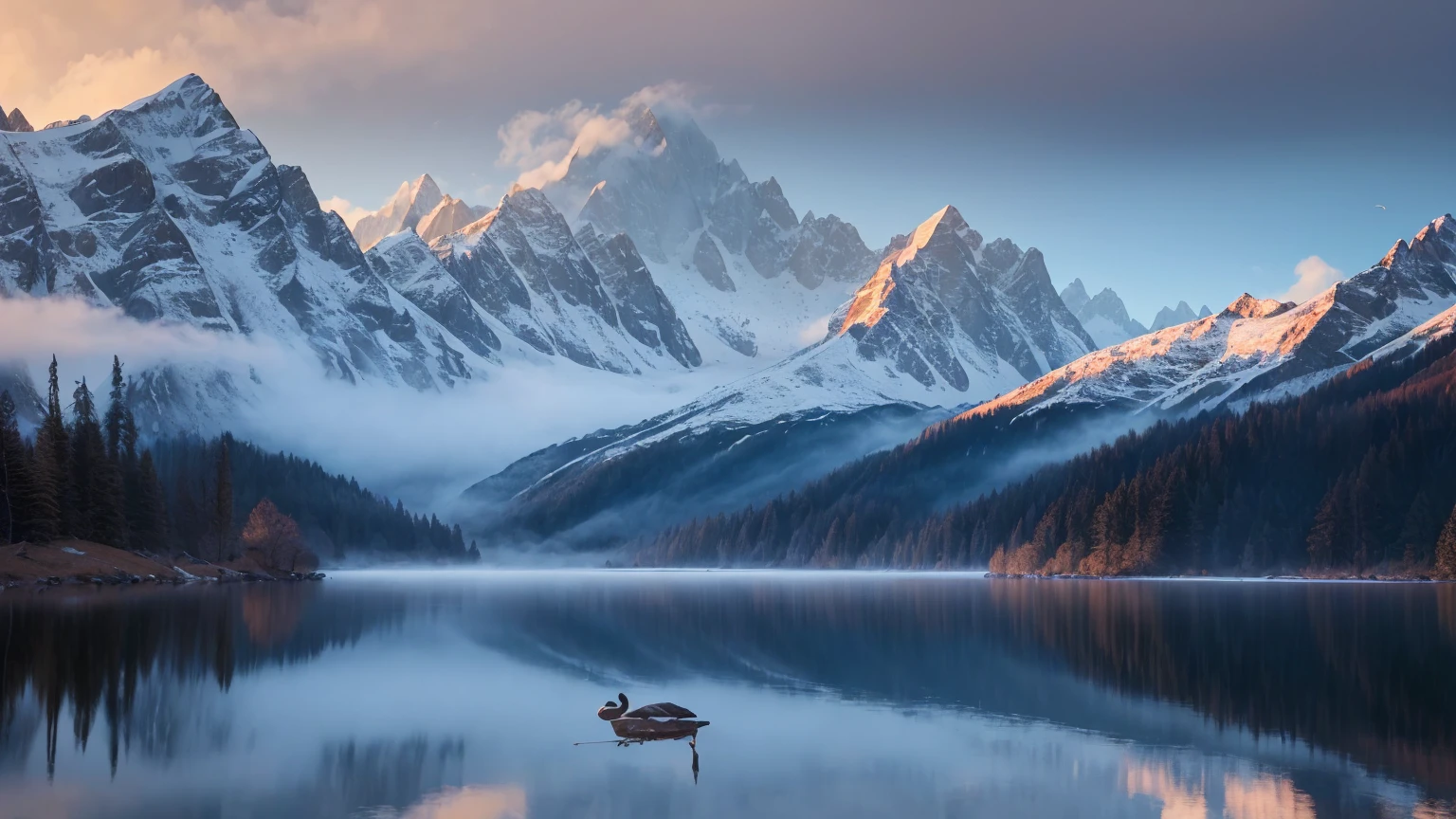 best quality, 4k, highres, masterpiece, ultra-detailed, realistic, beautiful landscape photography, mountain, lake, geese, heavy fog, morning mist, cinematic, vivid colors, serene landscape, sunrise gradient, peaceful ambiance, calm and quiet, layered peaks, blue water reflection, silhouette, ethereal atmosphere, soft lighting