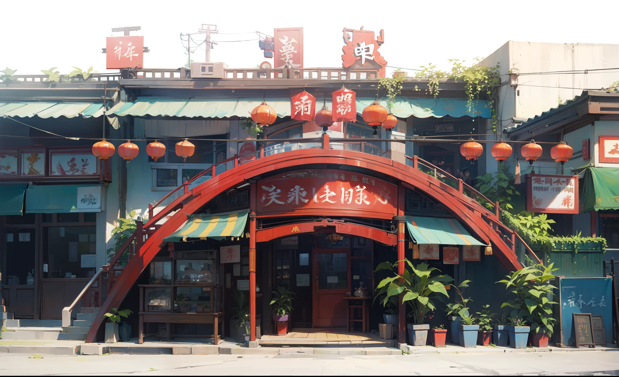 Daytime scene on a bustling street, featuring a two-story Chinese vintage restaurant with sleek glass facade, adorned with verdant potted plants by its entrance.