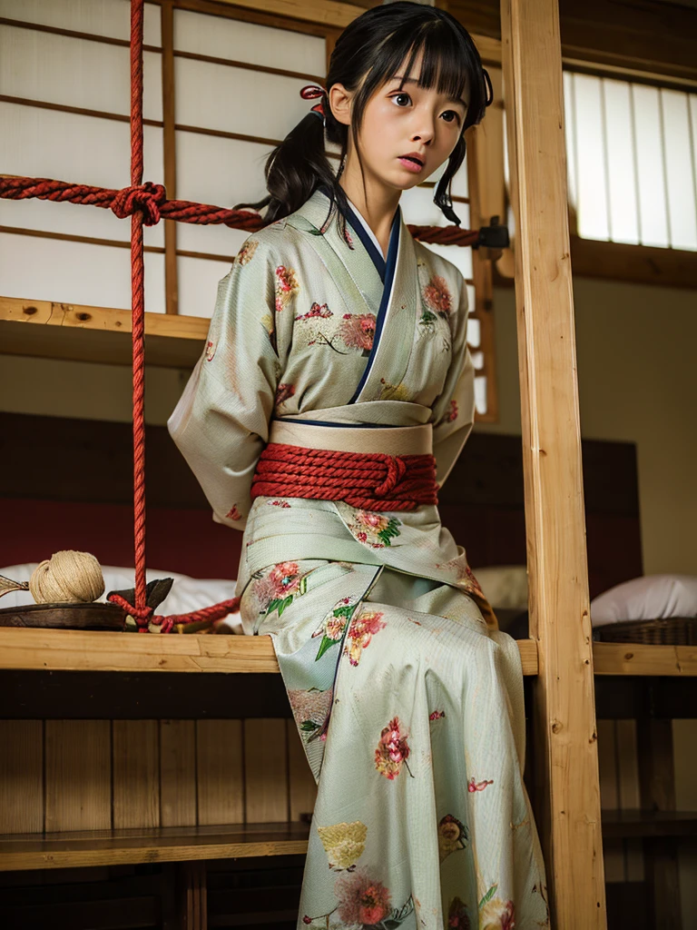 ((highest quality, masterpiece :1.3)), Photorealistic、Ultra-high resolution、Natural skin texture、Hyperrealism、Beautiful Japanese girl in her early teens、japanese kimono、bdsm with rope、playroom、Frightened expression、My eyes are watering