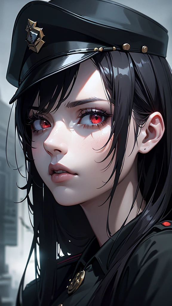 1girl, 18 years old girl, military uniform, military cap, detailed red eyes, long black hair, cigarette in mouth, post-apocalyptic background, best quality, 8k, highres, masterpiece, gothic, cinematic lighting, photorealistic, photo-realistic, ultra-detailed, sharp focus, vivid colors, extremely detailed eyes and face, detailed portrait, beautiful detailed lips, longeyelashes, dramatic pose, sharp focus, highly detailed, moody atmosphere, gritty, dystopian, cinematic