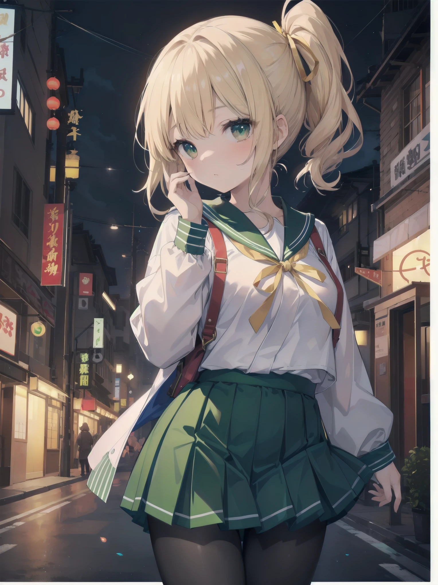 Masterpiece, illustration, super detailed, kawaii, one girl, 独奏, slender 14 year old, Japanese girl, chou chou, ribbon, nape of neck, low ponytail, cute pose in Less revealing attire, (green sailor outfit, two gold lines), large gold ribbon, priss skirt, black pantyhose, , Long Sleeves, White innerwear for sailor suit, living room, cowgirl shot, sfw, dynamic angle、Close-up on the characters、(building, city、A dense fog of fluorescent particles、1800Era、Japanese Style、Fiction、grow、Overwhelming、Detailed street)、A beautiful girl with a beautiful background and a super cute pose
