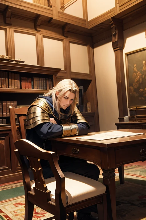 Medieval European Room。big desk。Eddie, the Knight Commander, sitting in a chair。