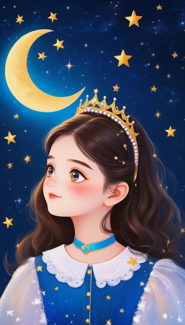 masterpiece, best quality, Cute hand painted, Picture book illustration，1 Girl, solo, Princess Head，Shirt lace collar, blush, Hair accessories, Audience,Crescent Moon and Stars Overhead - Glowing，Large blank space at the top，Characters account for 30%%，Blue Background