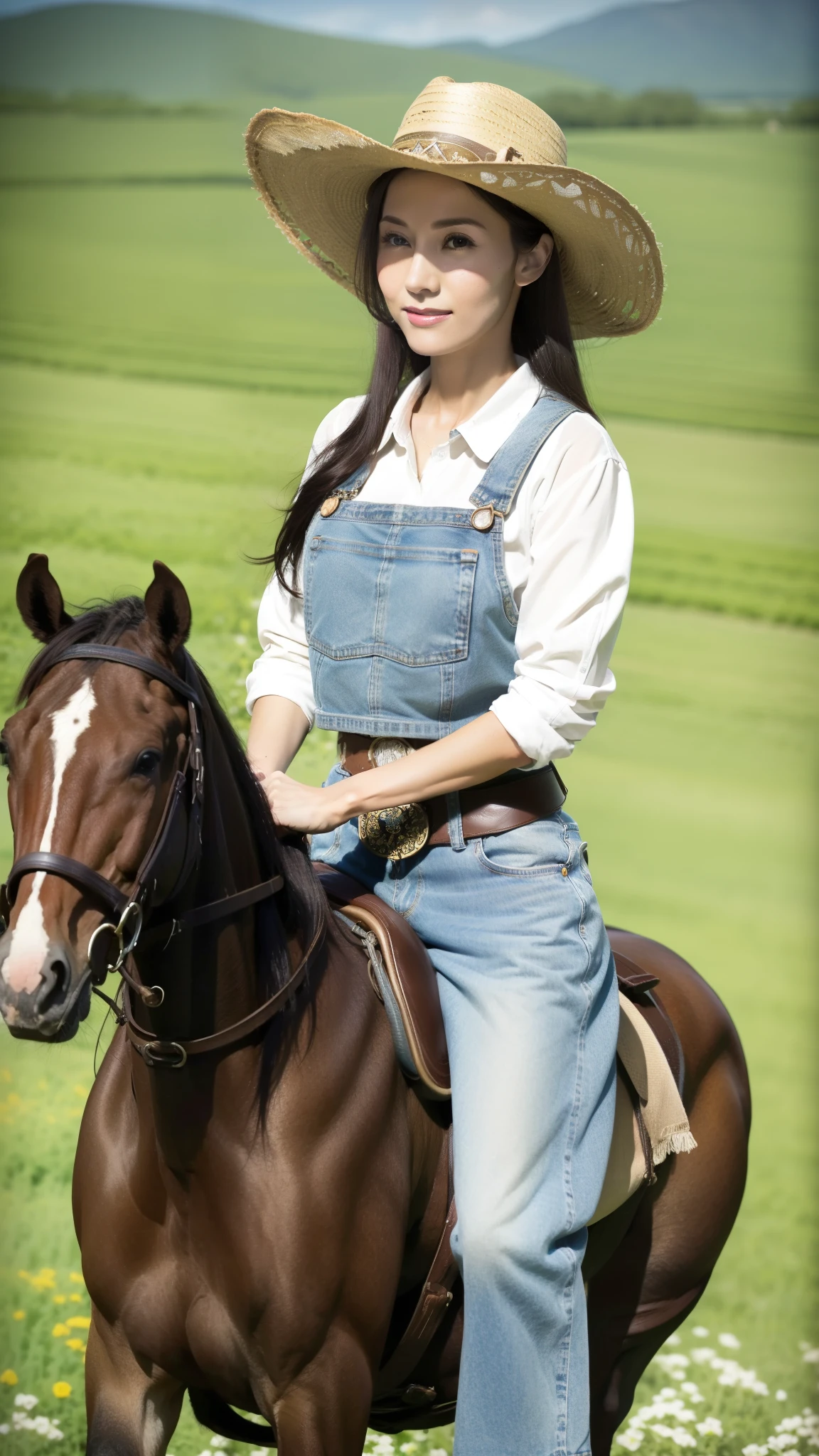 Cowboy，Arav woman in a cowboy hat sitting on a horse in a field, Cowboy girl, female Cowboy girl, western Cowboy girl, Western clothing, Cowboy girl, 👰 🏇 ❌ 🍃, 🐎🍑, Denim style, Portrait of a rugged girl, Wearing peasant clothes, ride马, ride着马, Young Southern woman, Horse Photography, ride, author：by Linda Sutton (Linda Sutton)