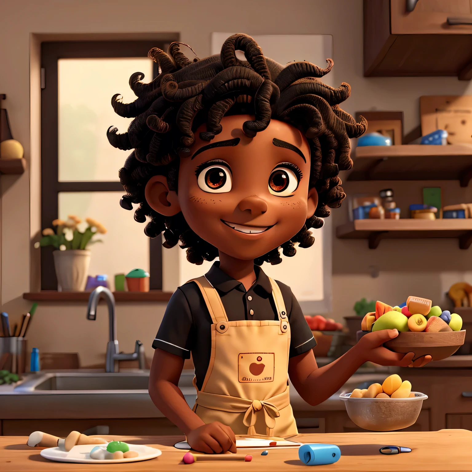 Draw a  black boy, with short curly hair, bright brown eyes and an infectious smile wearing an apron with a tray of sweets in her hand