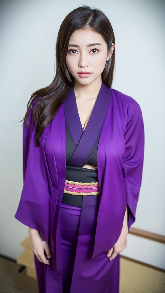(((Shoot from above)))、(8k、RAW Photosgraphy、Highest quality、masterpiece:1.2)、(Realistic、Realistic:1.37)、Ultra-high resolution、One Girl、cute、Beautiful Eyes、Cleavage、Perfect body、Perfect Fingers、Professional Lighting、Japanese Goddess、gravure、Detailed face and skin texture、fine grain、RAW Photos、 Are standing、(((Wearing a purple Japanese kimono)))、 ((Best Quality, 8k, masterpiece :1.3)), Full body、beautiful girl with perfect figure :1.4, Slender Abs :1.1, ((Huge breasts :1.0)),Ultra-detailed face and skin
