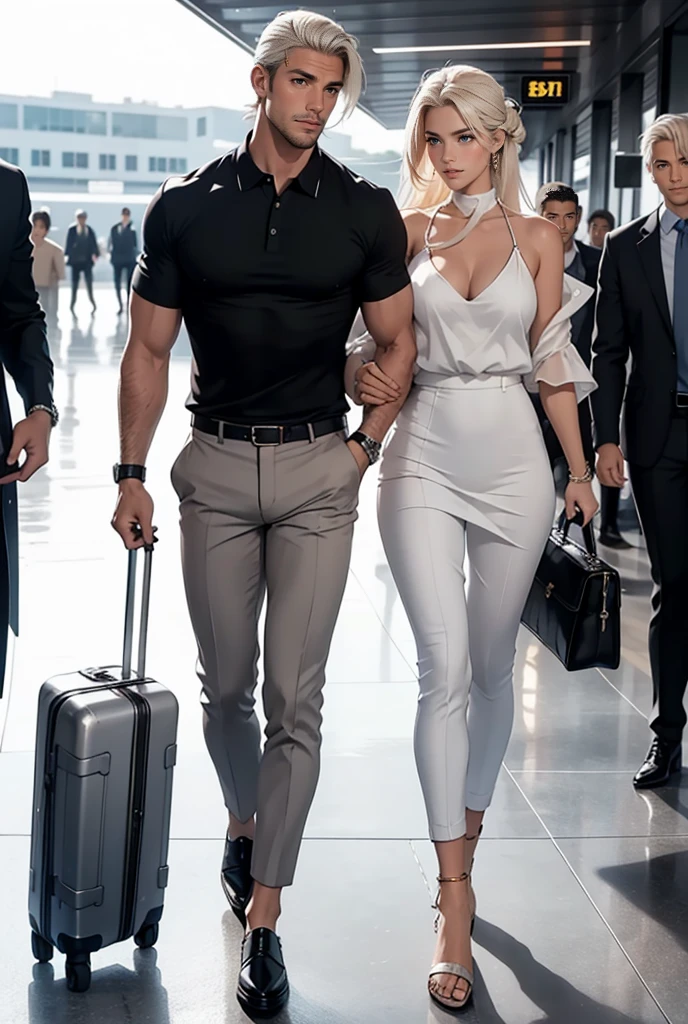 A tall, handsome, statuesque, masculine, adult man is platinum blond, he is wearing fashionable cropped light gray trousers, a light blue polo shirt, branded men's shoes on his feet, long straight platinum hair, blue eyes, long bangs, holds a large suitcase on wheels in his hand, he is boarding a plane the plane is together with an incredibly beautiful young blonde femme fatale, she is much shorter than him, she is wearing a thin silk short white dress with thin straps, which emphasizes her perfect figure, long golden hair gathered in a bun. She has a small purse in her hands, and open stiletto sandals on her feet. They are in love with each other. Realistic image. An airport.