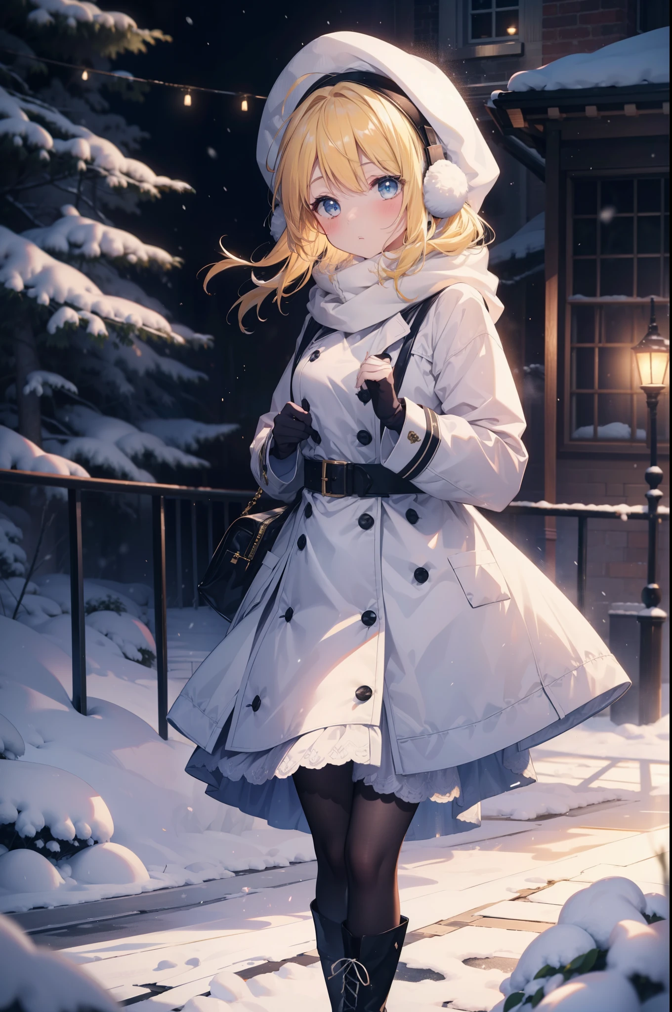 Eliase, catalyst, Yellow Hair, blue eyes, Long Hair,Knitted hat,Earmuffs,blush,Open your mouth,White Breath,White scarf,Light blue long coat,White long skirt,Black pantyhose,short boots,Walking,snowが降っている,snowが積もっている,snow,snow,snow,night,whole bodyがイラストに入るように,
break looking at viewer,whole body,
break outdoors,Residential Street,
break (masterpiece:1.2), Highest quality, High resolution, unity 8k wallpaper, (figure:0.8), (Beautiful attention to detail:1.6), Highly detailed face, Perfect lighting, Highly detailed CG, (Perfect hands, Perfect Anatomy),