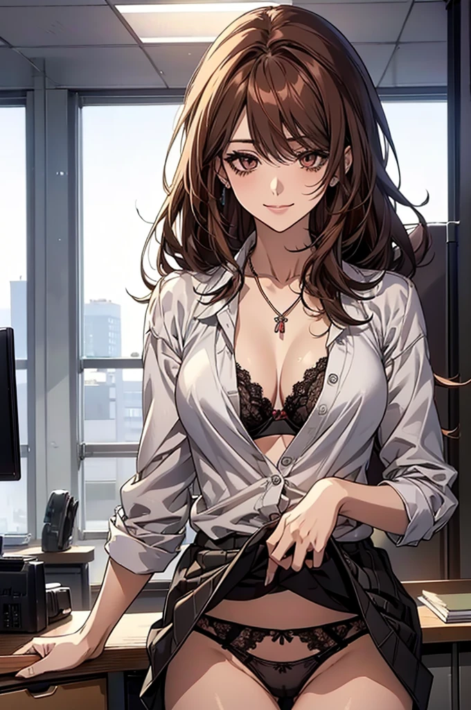 (Highest quality, High resolution, Very detailed), 銀hair, 超短いhair, hair, Reddish brown eyes, office staff suit skirt, lace thong bra, Large Breasts, Perfect Makeup, necklace, secretary, 24th generation, Beautiful woman, mature, quiet, Calm, A small smile, office,