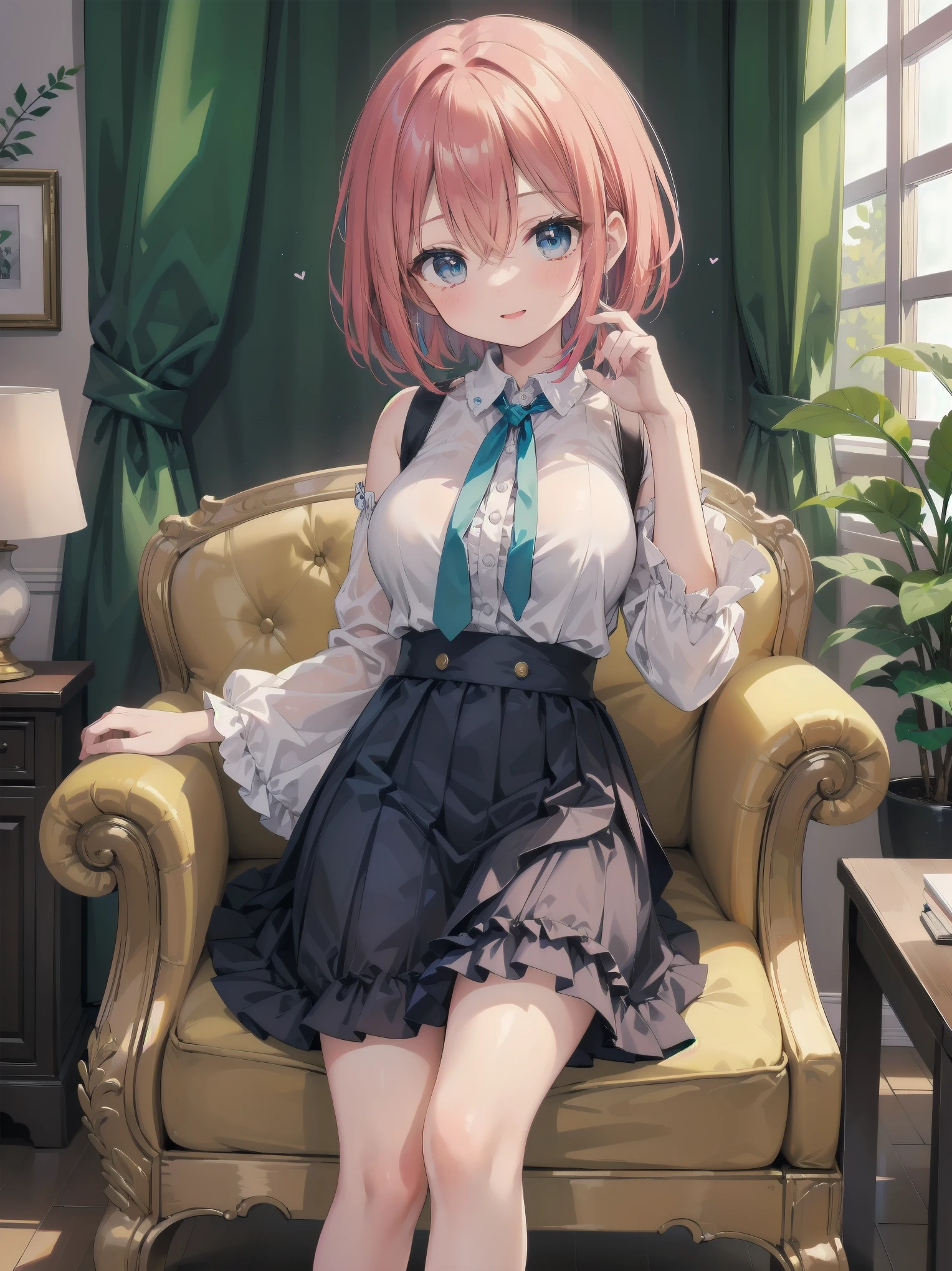 Scene Description: - Composition: Portrait. Focus on the face. Shot from the front. - Subject: Cute girl. (Chibi:1.1). Real person. - Features: - Face: (Cute round face:1.2). - Eyes: Detailed dark blue eyes. - Hair: One-leg bob-cut hair down the front with a large ribbon hairpiece, (golden hair), (red inner hair), auburn hair, hair between the eyes. - Body: Detailed slender body. Large breasts. - Clothing: Pink ruffled blouse, flares, blue ribbon tie, long ruffled sleeves, layered skirt. - Expression: happy expression. Mouth open. - Pose: head tilted back. She is looking at the viewer. - Background: living room of a trendy café. - Elements: Houseplants. Cute pastel sofa. Cute pastel curtains. Cute pastel-colored wallpaper. Time: Daytime. Lighting: (Natural light: 1.4). Art Style: Watercolor. Traditional media. Quality: Intricate details. Highly detailed. Outstanding complexity. (Masterpiece: 1.2). (Highest quality: 1.2). (Absurd absolute resolution: 1.4). Mood: Calm,