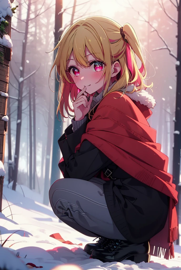 rubyhoshino, Hoshino Ruby, Long Hair, bangs, blonde, (Pink Eyes:1.3), Side Lock, (Symbol-shaped pupil:1.5), Multicolored Hair, Two-tone hair, smile,,smile,blush,white breath,
Open your mouth,snow,Ground bonfire, Outdoor, boots, snowing, From the side, wood, suitcase, Cape, Blurred, , forest, White handbag, nature, Squat, Mouth closed, Cape, winter, Written boundary depth, Black shoes, red Cape break looking at viewer, Upper Body, whole body, break Outdoor, forest, nature, break (masterpiece:1.2), Highest quality, High resolution, unity 8k wallpaper, (shape:0.8), (Beautiful and beautiful eyes:1.6), Highly detailed face, Perfect lighting, Highly detailed CG, (Perfect hands, Perfect Anatomy),