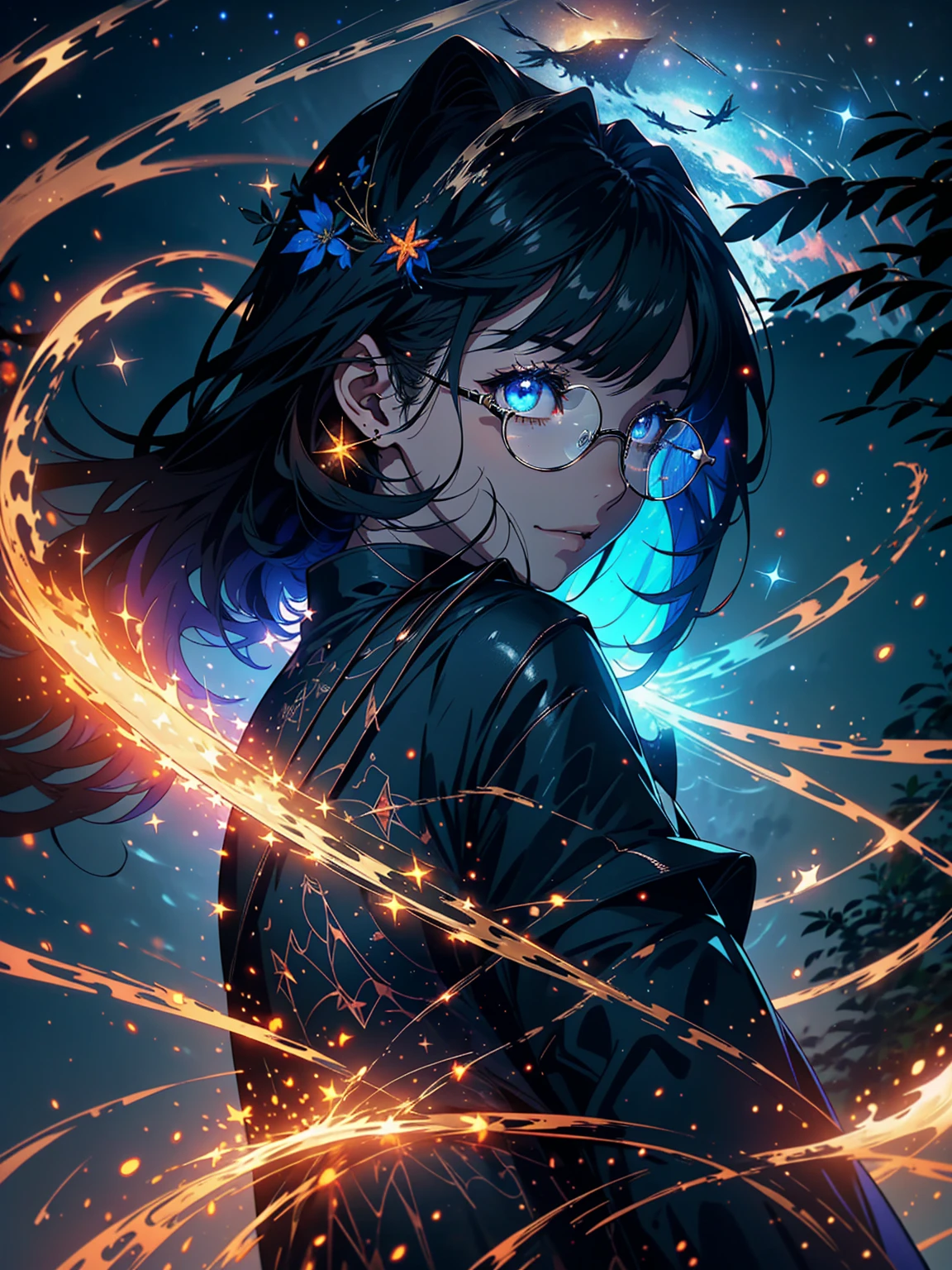 Master Parts, nice, landscape, (((no_Humanos))), night, flower, garden, Starry Sky, constellation, Glasses, amazing, Overlooking, water, warm, comfortable, peaceful, meteor, Cosmic, magic, magic, details, fair, ((fire Fly))