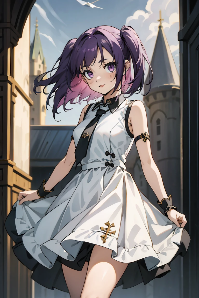 (masterpiece:1.2), (high quality:1.2), reo mikage, blue lock, girls with((1girl, solo, purple hair, (medium hair, right swept bangs, one side up:1.55), bare shoulder, blush, breasts, choker, cleavage, cowboy shot, collar, collarbone, rosary, cross, white clothes, blouse, white dress, sleeveless, collared shirt, necktie, (black sleeves, arm wears, elbow armwarmers, cheongsam:1.2), metamorphosis is exposed, princess dress, long dress, frilled panniers, (open dress:1.34), leggings, boots, sandals, bare legs)), background with((fantasy world, ruin, castle, beautiful sky, shining sky, sunshine:1.35))