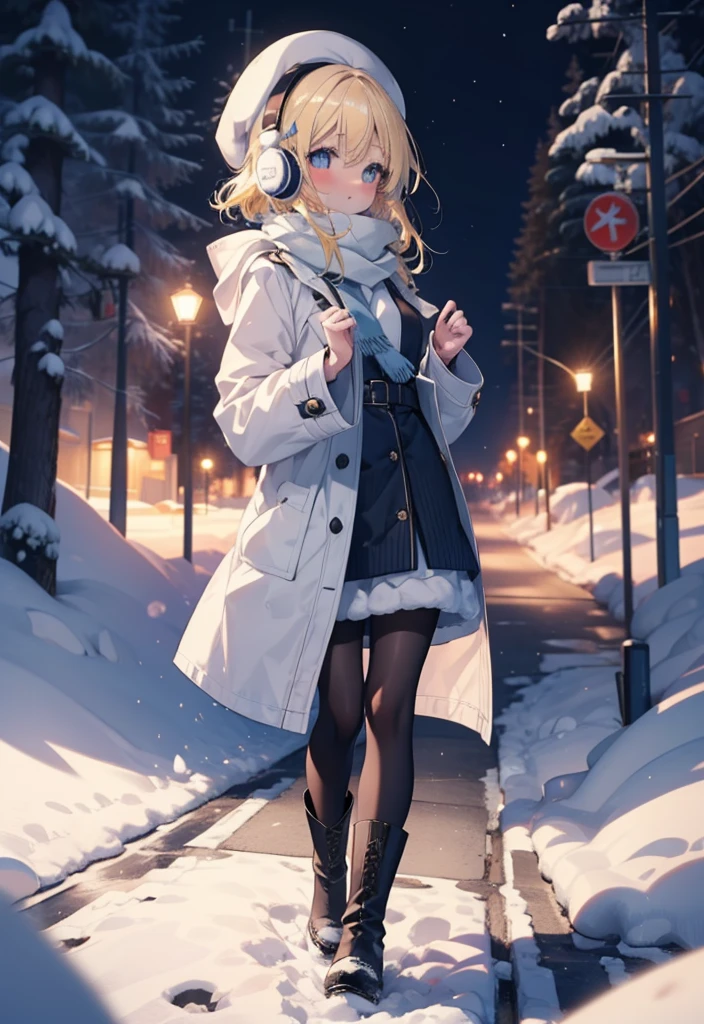 Eliase, catalyst, Yellow Hair, blue eyes, Long Hair,Knitted hat,Earmuffs,blush,Open your mouth,White Breath,White scarf,Light blue long coat,White long skirt,Black pantyhose,short boots,Walking,snowが降っている,snowが積もっている,snow,snow,snow,night,whole bodyがイラストに入るように,
break looking at viewer,whole body,
break outdoors,Residential Street,
break (masterpiece:1.2), Highest quality, High resolution, unity 8k wallpaper, (figure:0.8), (Beautiful attention to detail:1.6), Highly detailed face, Perfect lighting, Highly detailed CG, (Perfect hands, Perfect Anatomy),