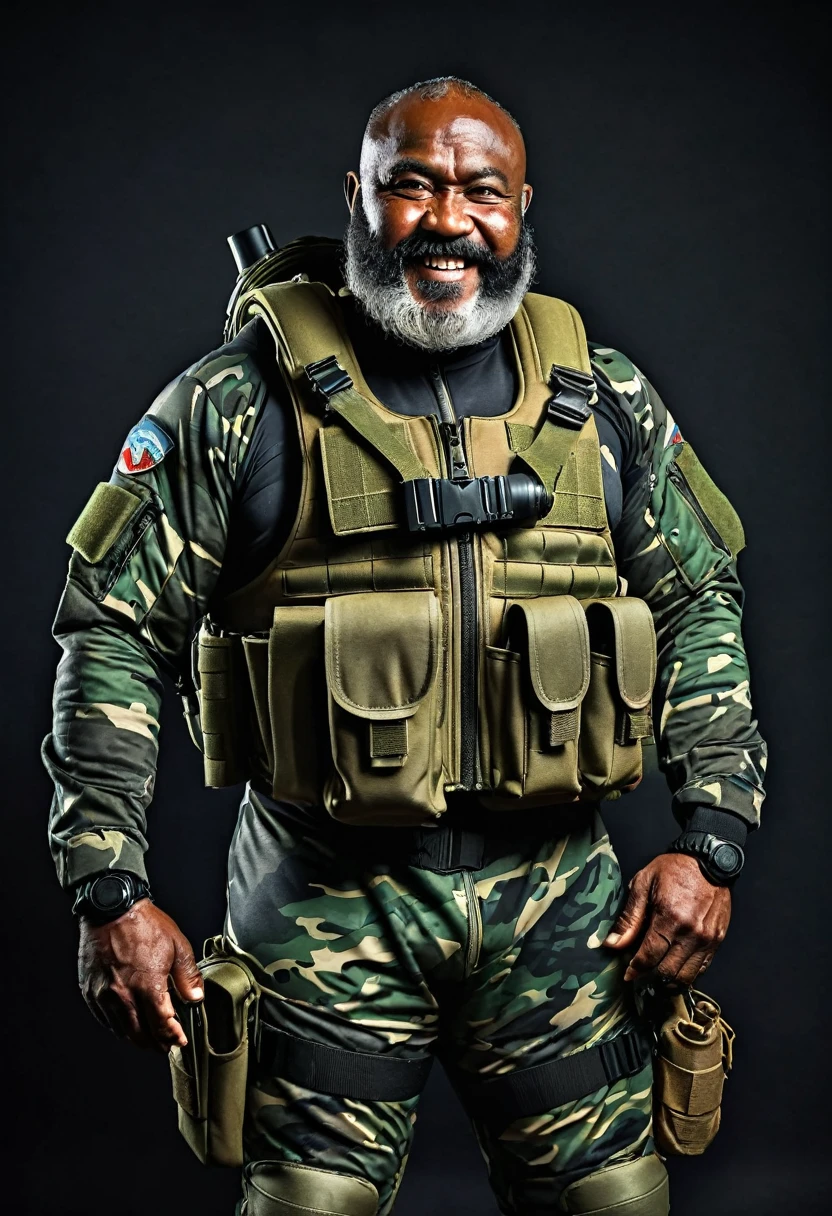 (a dark-skinned fat muscular bearded old man in a bulky camouflage zipper diver suit) carrying a gun holster at his left hip, wearing air force pilot helmet, muscular, Basuki Abdullah, sumatraism, action, a character portrait, heroic, fierce, snarling, best quality, thumbs up pose