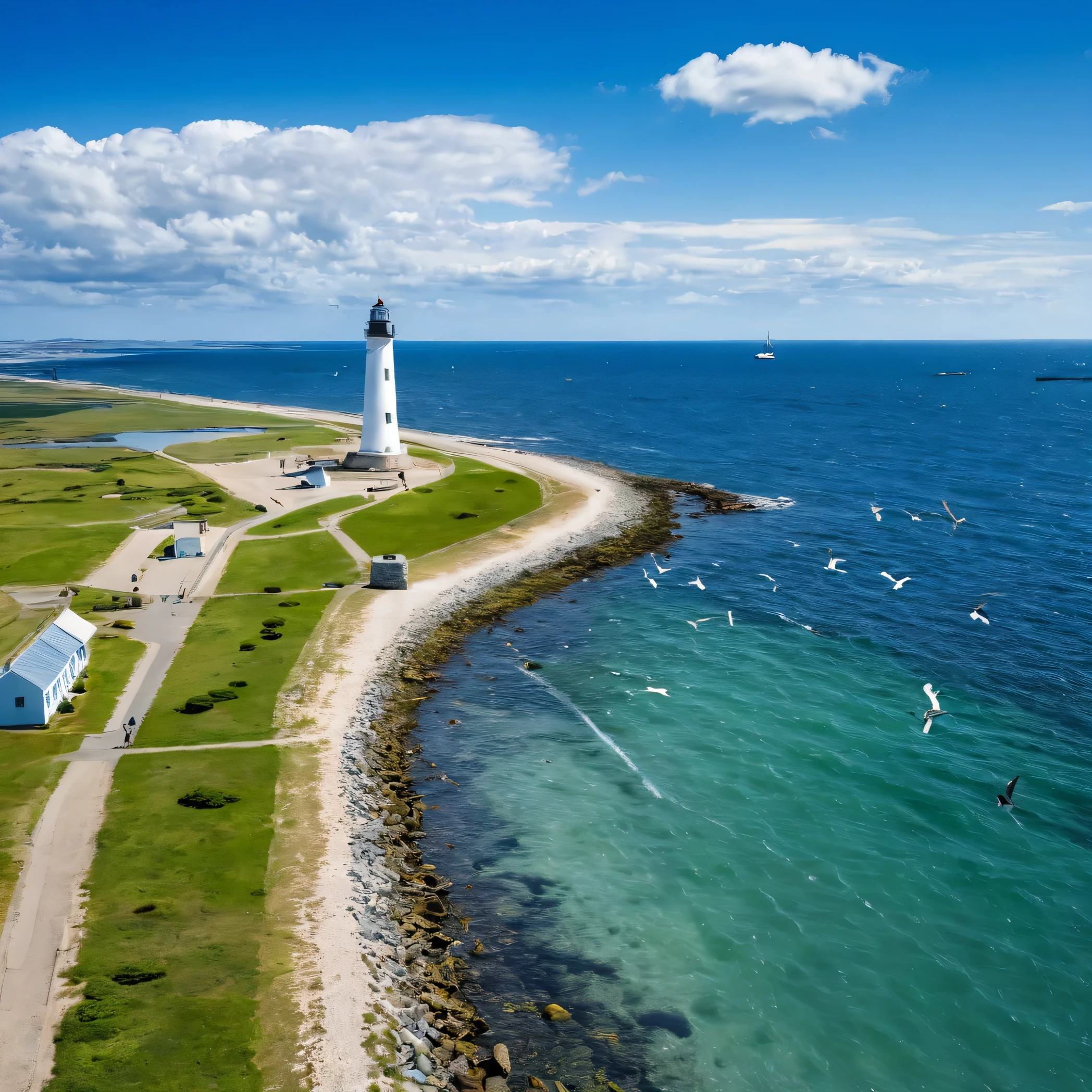 (masterpiece, top quality: 1.1), bird view, asymmetry, blue ocean, Also, Ozeanwelle, Sea route, Shoreline Road, sandy beach, sleeve, pier, Yacht, boots, Schiffswrack, Schiffswrack, steamer, tourist, lighthouse, seagull , skyline, wind, buzzer, tomorrow, sunny, cloud, quiet, Fresh air, depth of field