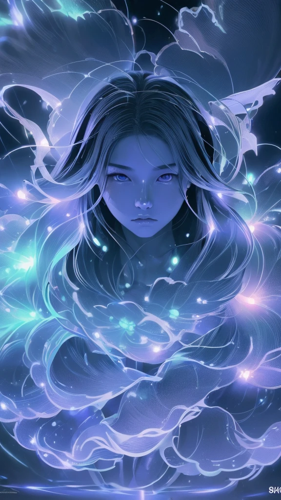 (((8k))), (((High resolution))),((Highest quality)),Beautiful Shrine Maiden,Upper body only,Close-up of face,beam from right hand,battle mode, blue aura swirling around the body,fog,mystic atmosphere,Serious face,Ultra-realistic,8k,Ultra-fine,Super detailed