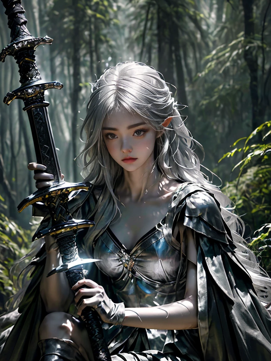 1boy, determined, focused, forest, 1girl, cold eyes, beautiful, silver hair, long silver hair, holding a sword, sad, determined, A man with a sword falls to his knees, defeated, as a woman in dark clothes stands above him, holding a glowing sword. The man looks up at her with a mixture of shock and admiration.  score_9, score_8_up, score_7_up