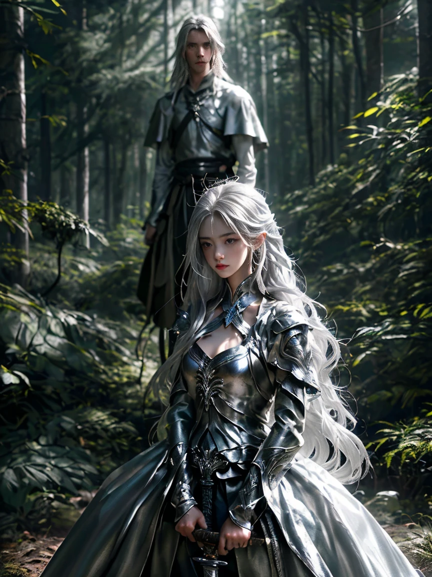 1boy, determined, focused, forest, 1girl, cold eyes, beautiful, silver hair, long silver hair, holding a sword, sad, determined, A man with a sword falls to his knees, defeated, as a woman in dark clothes stands above him, holding a glowing sword. The man looks up at her with a mixture of shock and admiration. score_9, score_8_up, score_7_up