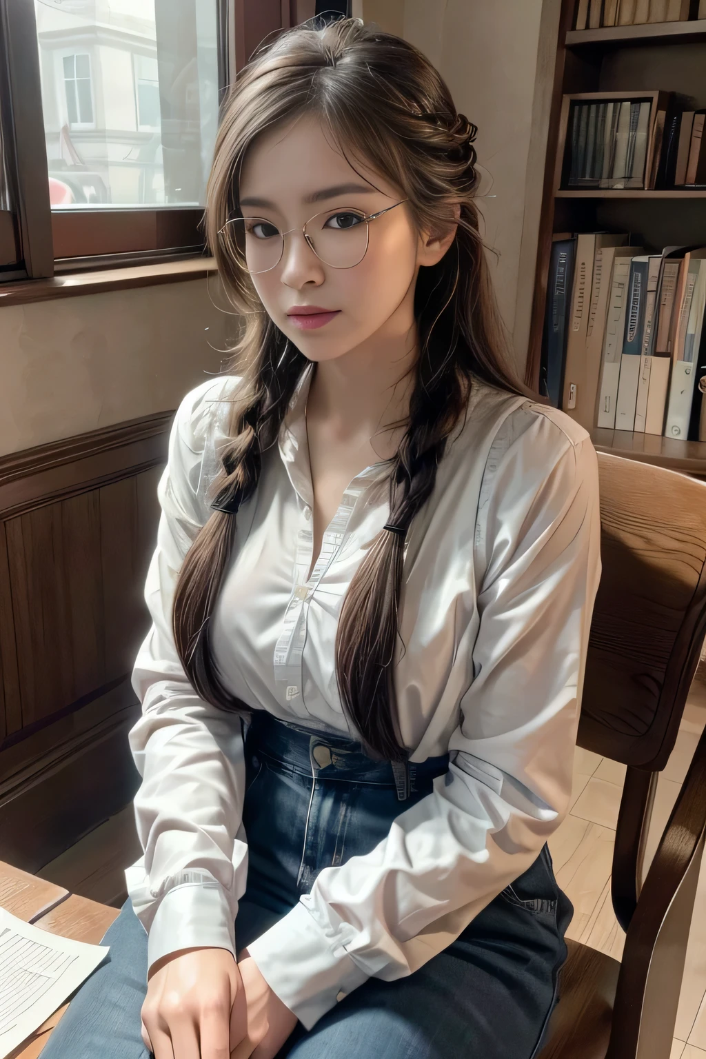 Solo, 1girl, masterpiece, best quality, extremly detailed, Cinematic lighting, intricate detail, highres, official art, finely detailed beautiful face and eyes, high resolution illustration, 8k, dark intense shadows, overexposure, [blonde hair/brown hair], single braid, blue eyes, glasses, smug, sitting on chair, upper body, large breasts, white shirts, yellow suspenders, book_stack, library, ((vine)), rose, looking at the viewer