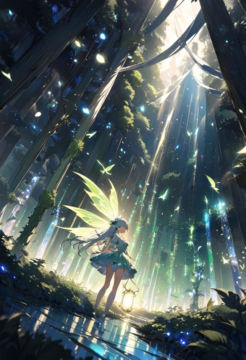 masterpiece, 1 Fairy, Flying fairy girl, Perfect Face, Light, Glass Tree Forest, Dramatic lighting, Blindfold, Super detailed, floating glow Lights, Depth of written boundary, (Shining Dust)