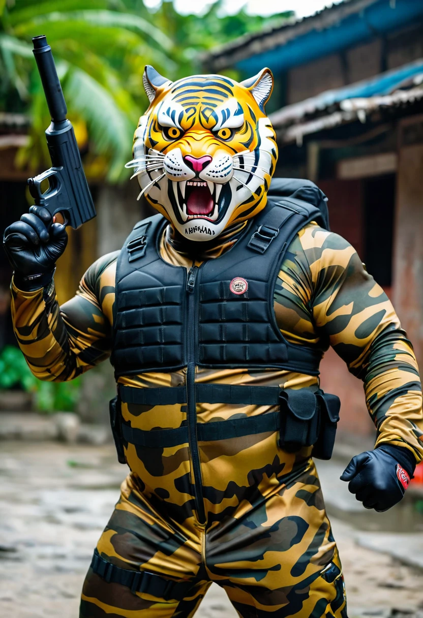 (a dark-skinned fat muscular old man in a bulky camouflage zipper diver suit) shooting with a gun and (wearing roaring tiger mask that show the wearer eyes), muscular, imposing stature, Basuki Abdullah, sumatraism, action, a character portrait, heroic, fierce, snarling, raising fist, best quality