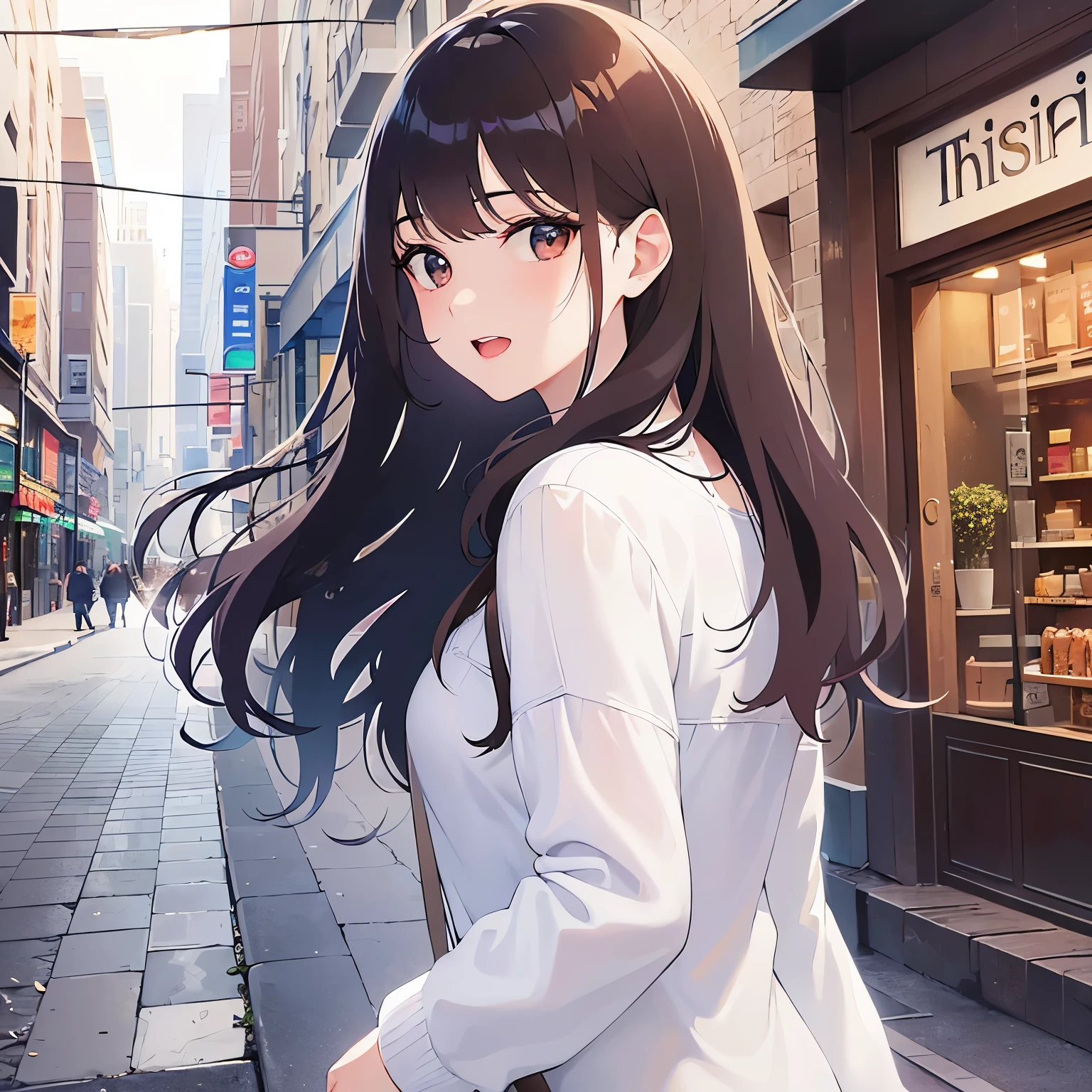 look back, Upper Body, Realistic, real person, (pale skin: 1.2), RAW photo, photorealistic, shiny skin, shiny hair、(A 25-year-old woman with medium-length hair and bangs) and (wavy hair) and (brown hair) and (orange eyes) , (White blouse) 、smile, open mouth, The background is a shopping street、Alone、Are standing