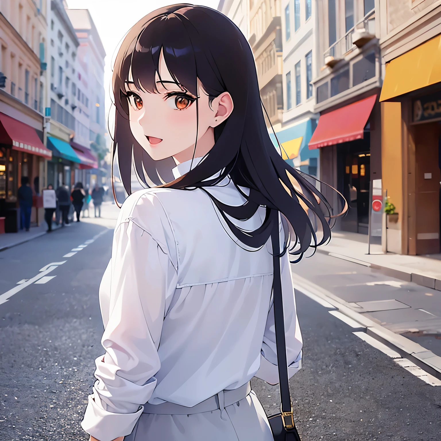 look back, Upper Body, Realistic, real person, (pale skin: 1.2), RAW photo, photorealistic, shiny skin, shiny hair、(A 25-year-old woman with medium-length hair and bangs) and (wavy hair) and (brown hair) and (orange eyes) , (White blouse) 、smile, open mouth, The background is a shopping street、Alone、Are standing