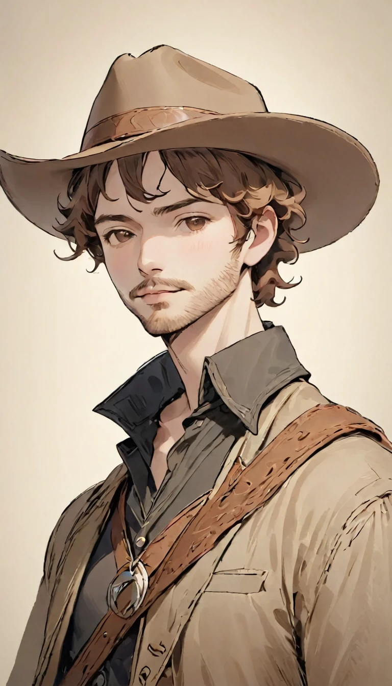 faded photo:1.5、Sepia、Portrait、A 35-year-old man dressed like a cowboy. He is light brown, Curly Hair., He has a little beard