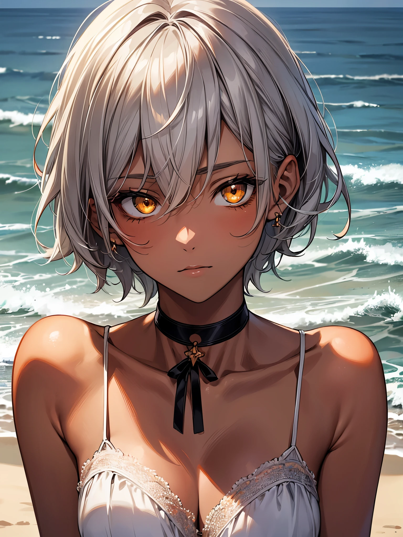 masterpiece, Highest quality, Perfect Face, Highest Resolution, Highest quality,Detailed depiction of the eyes, 1 girl, young, dark tan skin, slate gray hair, short hair, upturned eyes, Yellow Orange eyes, Perfect Anatomy, ribbon choker, Seaside house, 8k