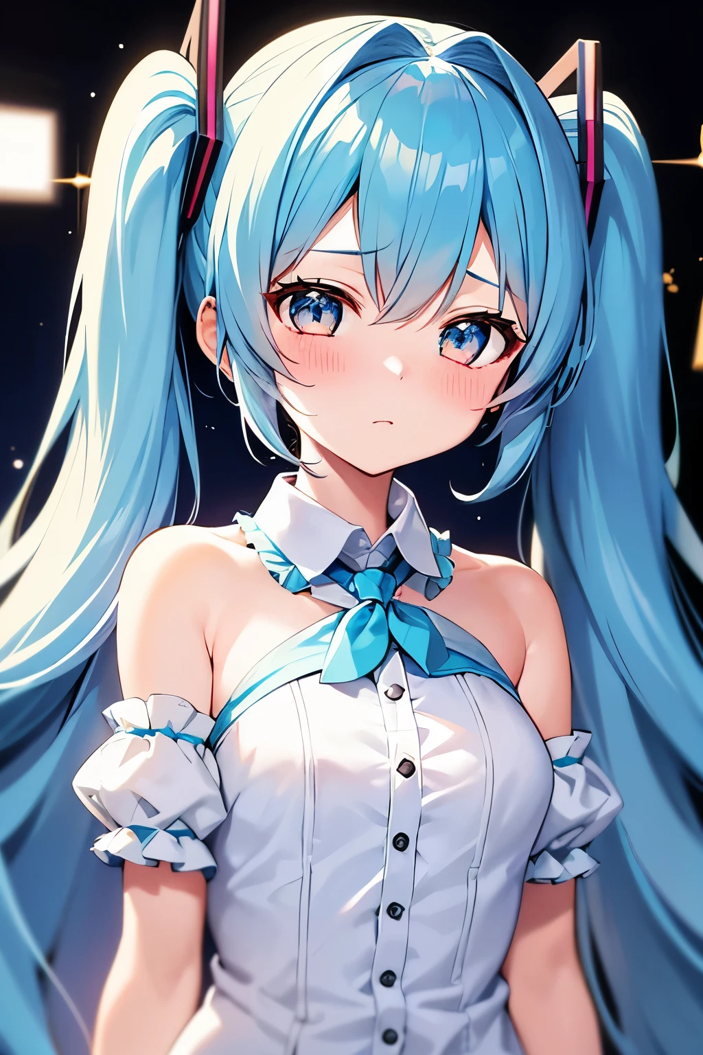 (masterpiece:1.4、Highest quality、figure:1.4,Realistic、)、(Character Focus、breast focus,Upper Body:1.3)、(One girl),(Clear Face:1.3),(Miku hatume),Cute face,blue eyes、()、
,(stand:1.4),(A radiant smile),
,(thin),(),
(Fluorescent light green long hair:1.6,,),(Twin tails), (Small breasts:1.3)、
、thin、Hatsune_Miku_Blue Archive