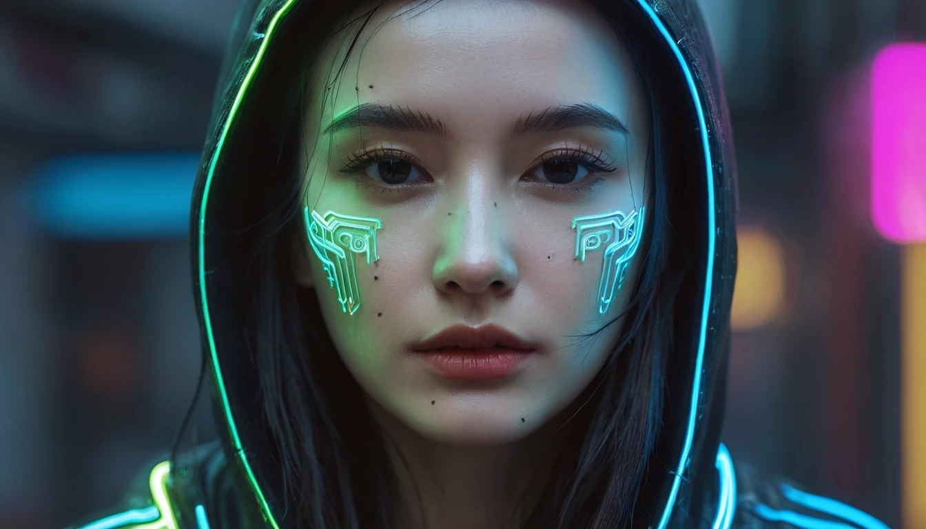 Cyberpunk detailed portrait (SKS people), Futuristic neon reflective clothing, sf, parts, Ismail Inceoglu、Dragan Bibin、Hans Thoma、Greg Rutkowski、Alexandros Pilomaris、Necro、Rene Margit illustration, Perfect Face, ((tattoo)), , Matte skin, pores, Wrinkles, Super detailed, Surrealism,, Mood Lighting, Hasselblad Photography Award Winners, Soft Diffuse Lighting, Giggling,, Machine side, The finer details, Realistic Shadows, Complex, elegant,