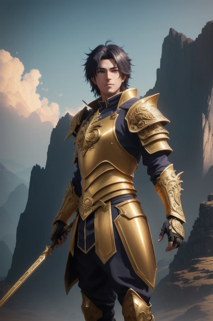 a close up of a man in a gold armor standing in front of a mountain, unreal engine render + a god, ultra detailed game art, intricate ornate anime cgi style, 8k high quality detailed art, detailed digital anime art, fantasy style 8 k octane render, 2. 5 d cgi anime fantasy artwork, 3 d render character art 8 k, hyperdetailed fantasy character
