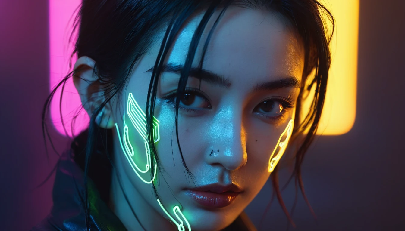 Cyberpunk detailed portrait (SKS people), Futuristic neon reflective clothing, sf, parts, Ismail Inceoglu、Dragan Bibin、Hans Thoma、Greg Rutkowski、Alexandros Pilomaris、Necro、Rene Margit illustration, Perfect Face, ((tattoo)), , Matte skin, pores, Wrinkles, Super detailed, Surrealism,, Mood Lighting, Hasselblad Photography Award Winners, Soft Diffuse Lighting, Giggling,, Machine side, The finer details, Realistic Shadows, Complex, elegant,