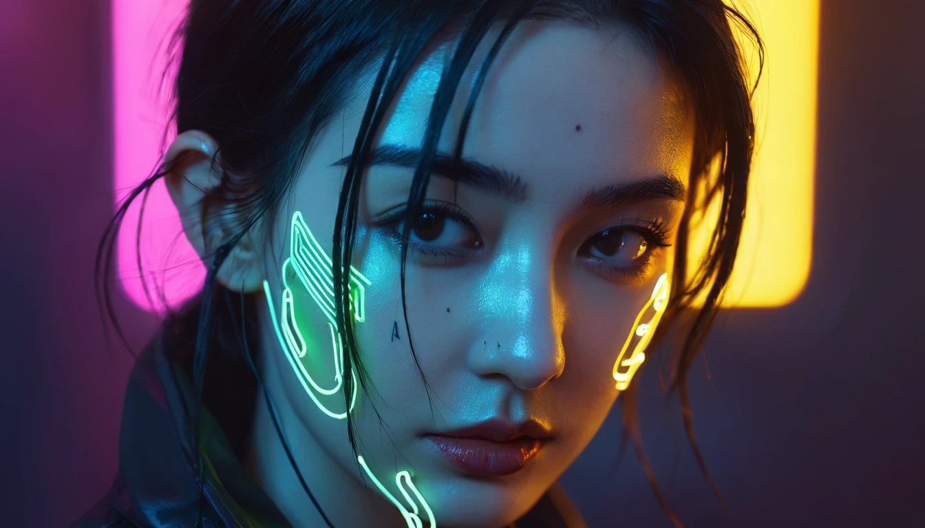Cyberpunk detailed portrait (SKS people), Futuristic neon reflective clothing, sf, parts, Ismail Inceoglu、Dragan Bibin、Hans Thoma、Greg Rutkowski、Alexandros Pilomaris、Necro、Rene Margit illustration, Perfect Face, ((tattoo)), , Matte skin, pores, Wrinkles, Super detailed, Surrealism,, Mood Lighting, Hasselblad Photography Award Winners, Soft Diffuse Lighting, Giggling,, Machine side, The finer details, Realistic Shadows, Complex, elegant,