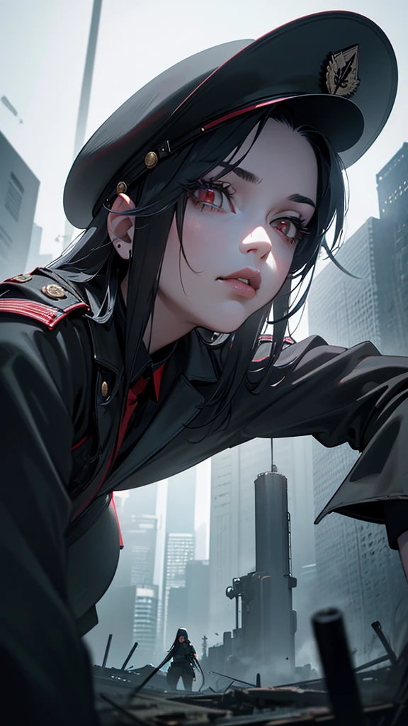 1girl, 18 years old girl, military uniform, military cap, detailed red eyes, long black hair, cigarette in mouth, post-apocalyptic background, best quality, 8k, highres, masterpiece, gothic, cinematic lighting, photorealistic, photo-realistic, ultra-detailed, sharp focus, vivid colors, extremely detailed eyes and face, detailed portrait, beautiful detailed lips, longeyelashes, dramatic pose, sharp focus, highly detailed, moody atmosphere, gritty, dystopian, cinematic,angle from below
