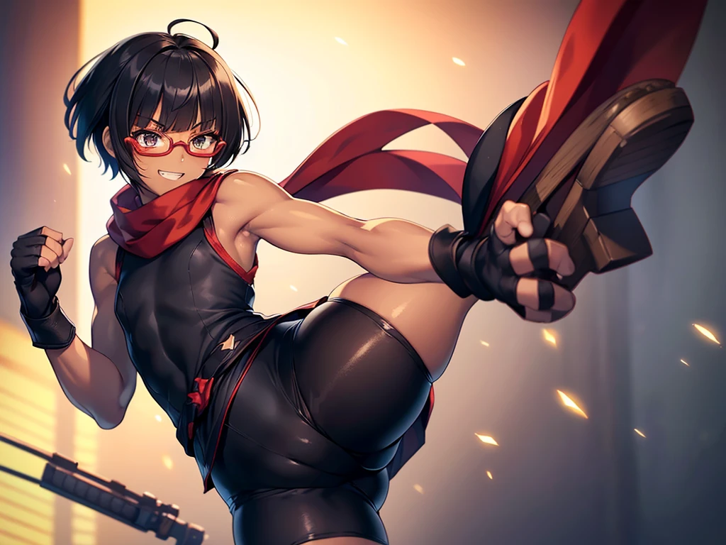 (flat chest), (masterpiece:1.2), highest quality, High resolution, unity 8k wallpaper, (fine and beautiful eyes:1.6), highly detailed face, perfect lighting, Detailed CG, (perfect hands, perfect anatomy:1.3), (1 japanese female:1.4), 20 years old,( black hair:1.3), extremely beautiful detailfeminine face and eyes, (grin smile), detailed eyes, best quality,( dark skin:1.8), extremely detailed, very precise detailed,(glasses:1.3), (blunt bangs:1.3), open mouth, (very short pixie cut:1.2), (geta:1.2),(fingerless gloves:1.5), half closed eyes,long sidelocks,(long red Scarf:1.3),(sleeveless yukata), (fight stance),(high kick),(bike_shorts:1.4),