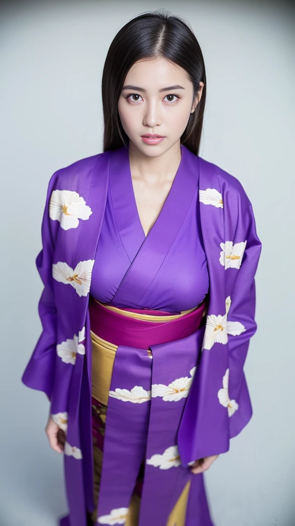 (((Shoot from above)))、(8k、RAW Photosgraphy、Highest quality、masterpiece:1.2)、(Realistic、Realistic:1.37)、Ultra-high resolution、One Girl、cute、Beautiful Eyes、Cleavage、Perfect body、Perfect Fingers、Professional Lighting、Japanese Goddess、gravure、Detailed face and skin texture、fine grain、RAW Photos、 Are standing、(((Wearing a purple Japanese kimono)))、 ((Best Quality, 8k, masterpiece :1.3)), Full body、beautiful girl with perfect figure :1.4, Slender Abs :1.1, ((Huge breasts :1.0)),Ultra-detailed face and skin