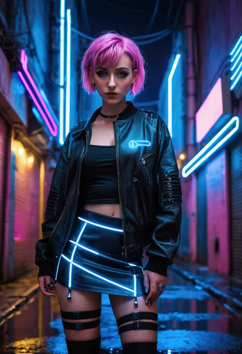 A full view portrait of a Pretty girl with short pink hair and blue eyes with achne on her chics wearing cyberpunk outfit and a short ((black skirt)) with blue lines on it standing at a alley with neon lights at rainy night  in the cyber modern city