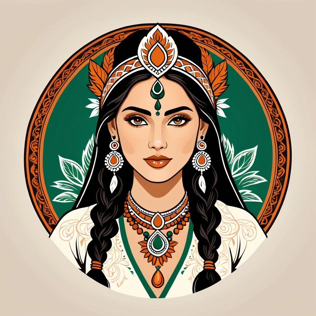 female druid in indian folk outfit ,vector graphics, strong contours, logo design