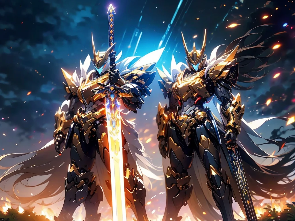 ultra wide shot, full body shot, (masterpiece) , the best quality, High Quality, (Futurism:1.1), (A paladin holding a light infused sword, light magic, divine, Magewave, silver and gold), movie lights, (Exquisite future), Beautiful and beautiful, Ultra detailed, Great composition, floating, Depth of field, (Very detailed CG,Unity 8k Wallpaper), (Beautiful detail background), Beautiful hair details, dramatic lights, GOGETTA, mecha,Bestquality,ultrahighres,photorealistic Sword interest, dika, hammer