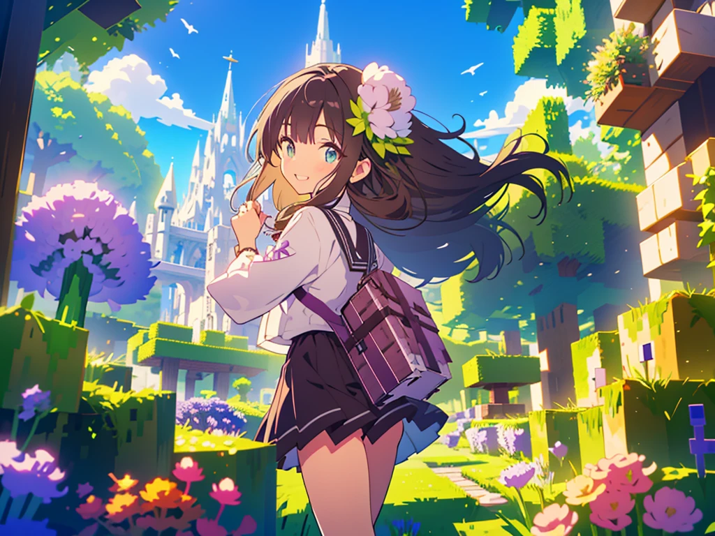 kawaii, anime, Cute, hyper quality, highly detailed, 8k, Clarity, Girl with long dark brown hair and green eyes, Detailed facial expressions, brave look, smile, allium, allium flower garden, minecraft world, minecraft, A world made up of blocks, diamond sword, adventurer's clothes, blue sky, sandbox, Blocky nature background, allium flowers bloom, whole body, carry a diamond sword, blocky cloud, pull composition, look back, walking pose, adventure, Journey, Inciting point of view, step on a block-shaped rock, block-shaped tree, minecraft world, minecraft field, block grassland,