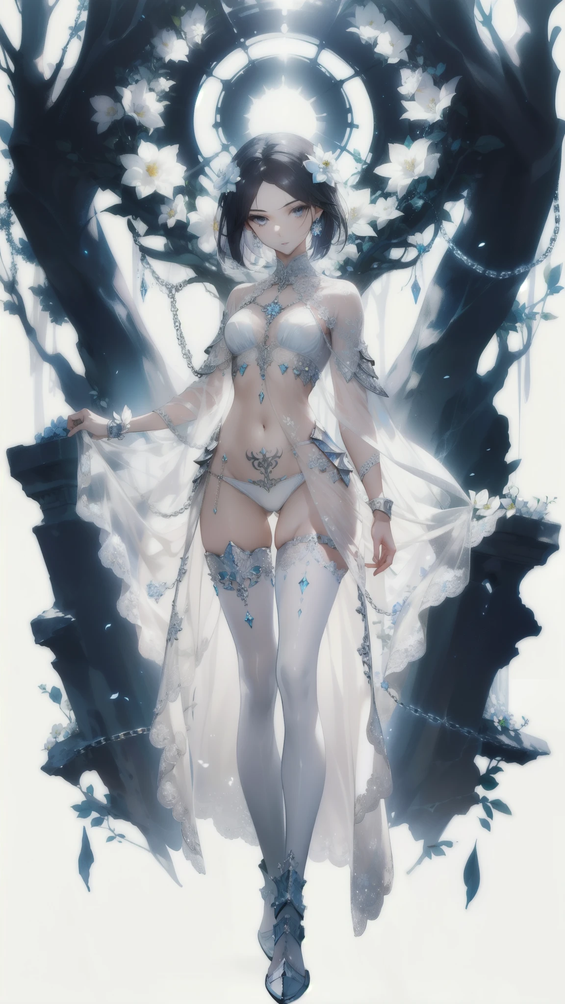 ((masterpiece, best quality)), Delicate face，knight，Standing picture，whole body，Perfect body proportions，Long legs，Handsome short hair，Beautiful silver eyes，Fantasy style，White background，Extremely beautiful，transparent，Pure white flower marriage，Sexy bikini，chain，Tattoo，Lace，exposed