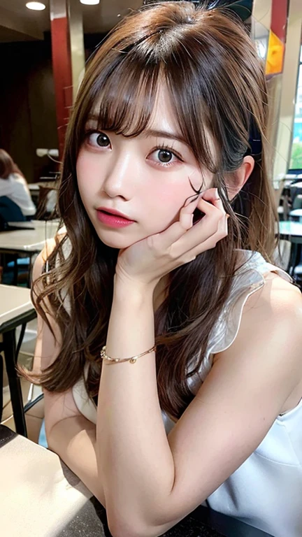 (Tabletop:1.3), High resolution, Ultra-detailed, Highly detailed CG Unity 8k wallpaper, Realistic, Photorealistic, RAW Photos, Beautifully detailed face, Pale skin, Realistic glitter skin, Detailed cloth texture, Detailed hair texture, Beautiful Face, Accurate, Anatomically correct, Highly detailed face and skin texture, Natural neck length, (Beautiful Hands), (Fair skin:1.2), Thin legs, Thin legs,
Detailed eyes, Symmetrical eyes, Light brown eyes, double eyelid, Thin eyebrows, (Glossy Lips:1.4), ((Wait for a kiss:1.2)), (blush:1.1),
Inside McDonald's、Pink camisole、mini skirt、Medium chest, (Slim figure:1.1), Beautiful clavicle,
(Brown Hair, Wavy Hair, Long Hair:1.3), ((Asymmetrical bangs:1.2)), (Upper Body Shot:1.2), Displaying the viewer, (From the side From the side:0.65),
(Sit leaning against the table), ((Place your elbows on the table,Lift your chin slightly:1.3)),