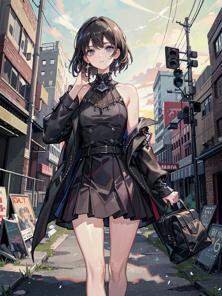 full body, solo, alone, delicate facial features, medium tits, medium hair, black hair, tearful mole, earring, dress shirt, cleavage, street,